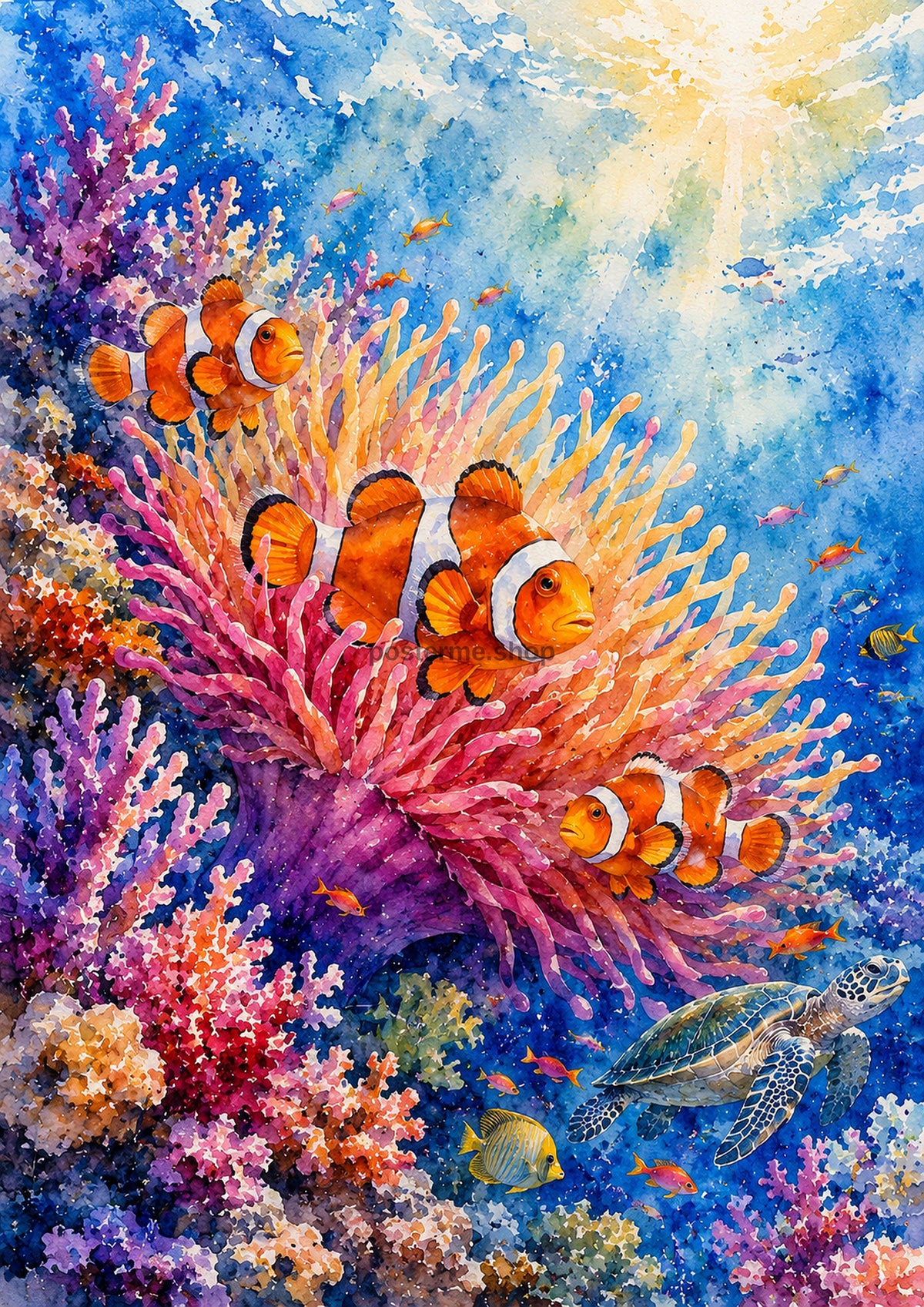 Vibrant Coral Reef With Clownfish And Turtle watercolour art print by towelme