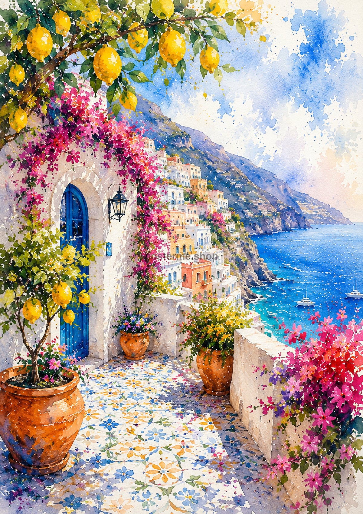Mediterranean Terrace With Sea View watercolour art print by towelme