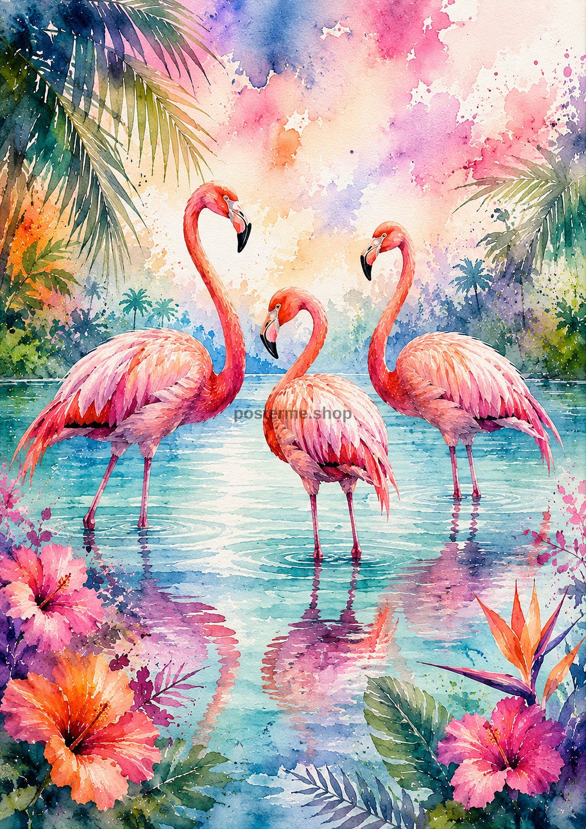 Tropical Flamingos In A Painted Lagoon watercolour art print by towelme