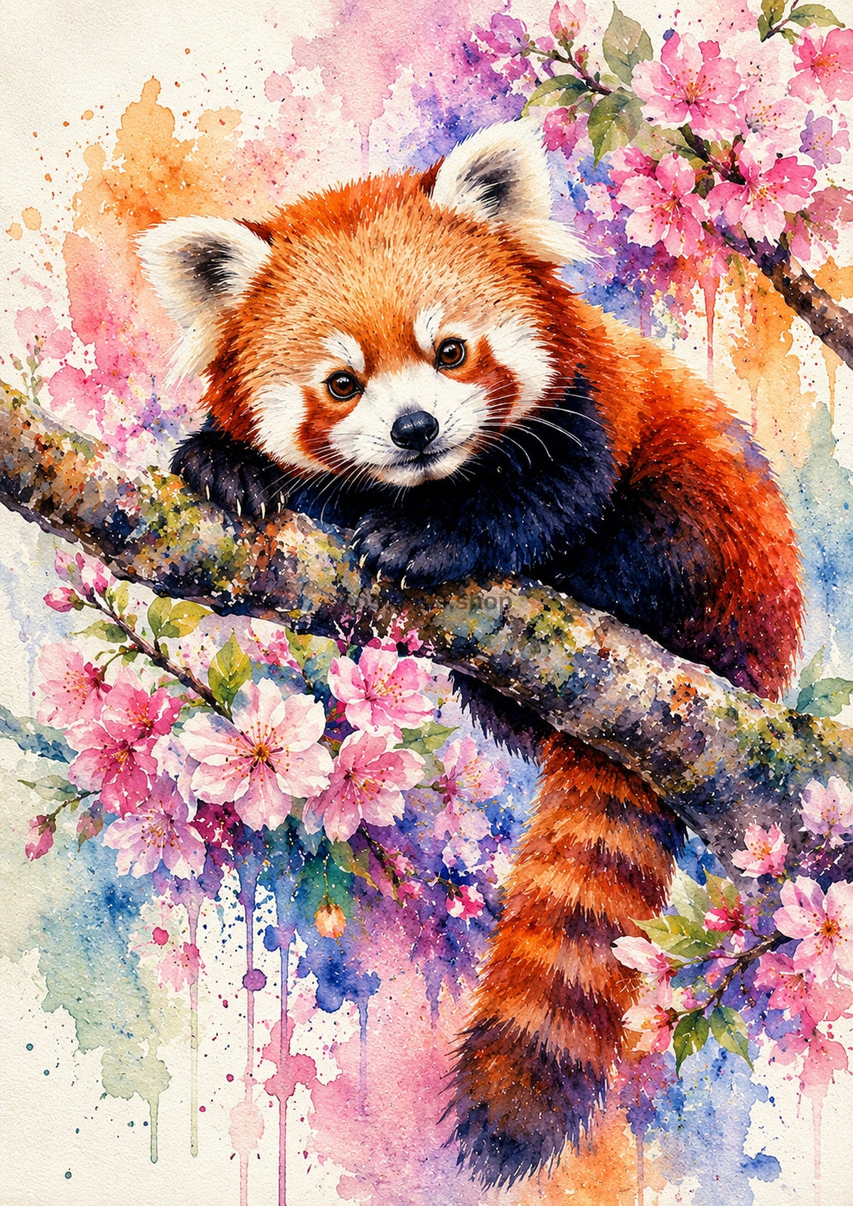 Red Panda Among Soft Cherry Blossoms watercolour art print by towelme