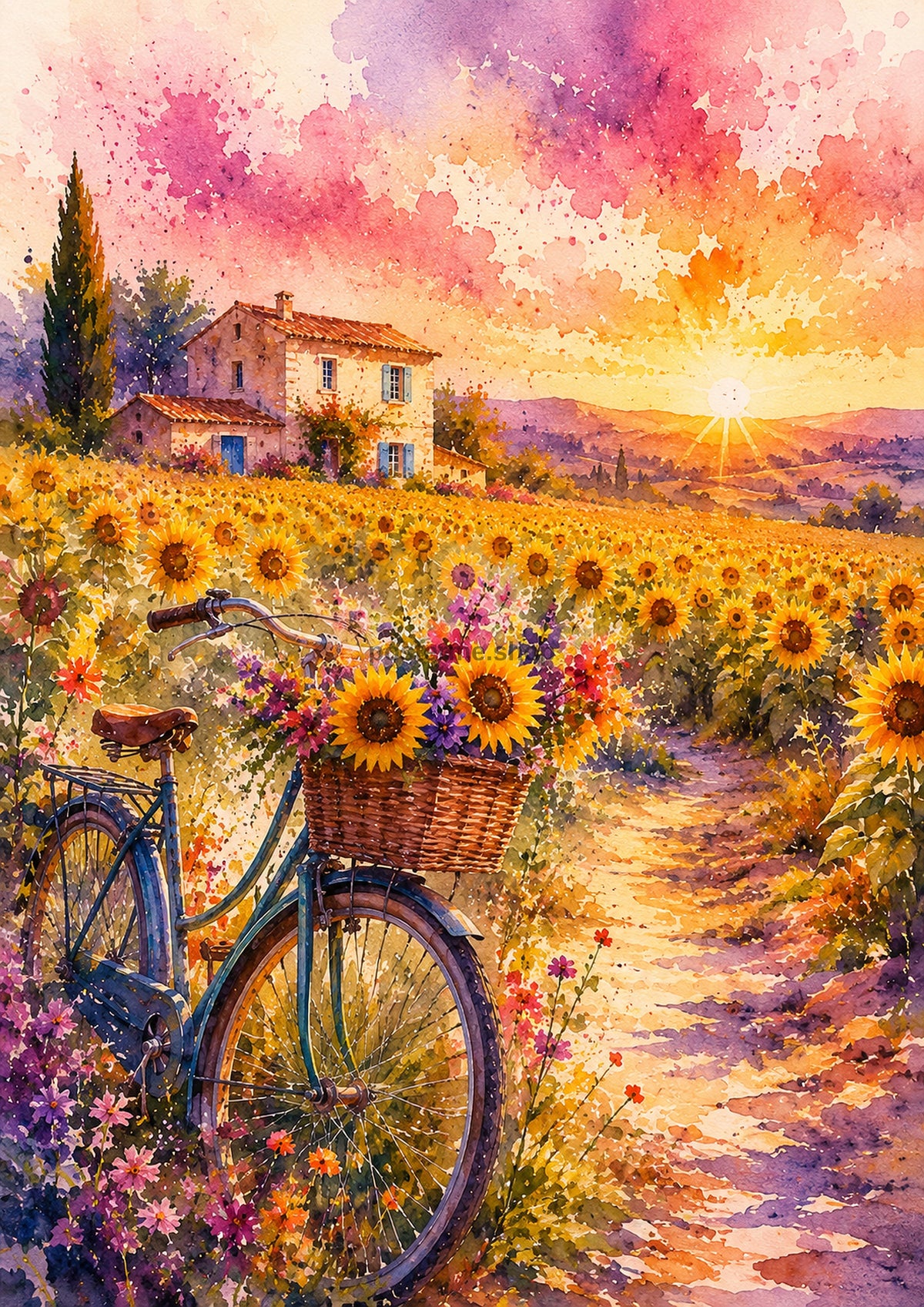Sunset Ride Through Sunflower Fields watercolour art print by towelme