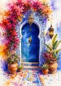 Colourful Moroccan Courtyard Entrance With Flowers watercolour art print by towelme
