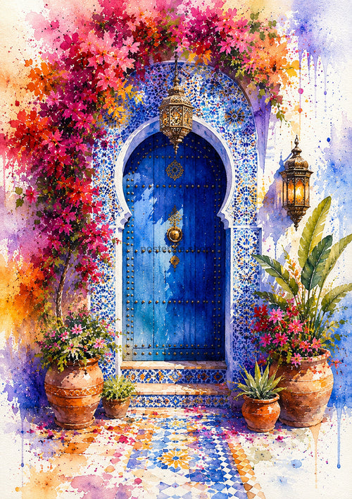Colourful Moroccan Courtyard Entrance With Flowers watercolour art print by towelme