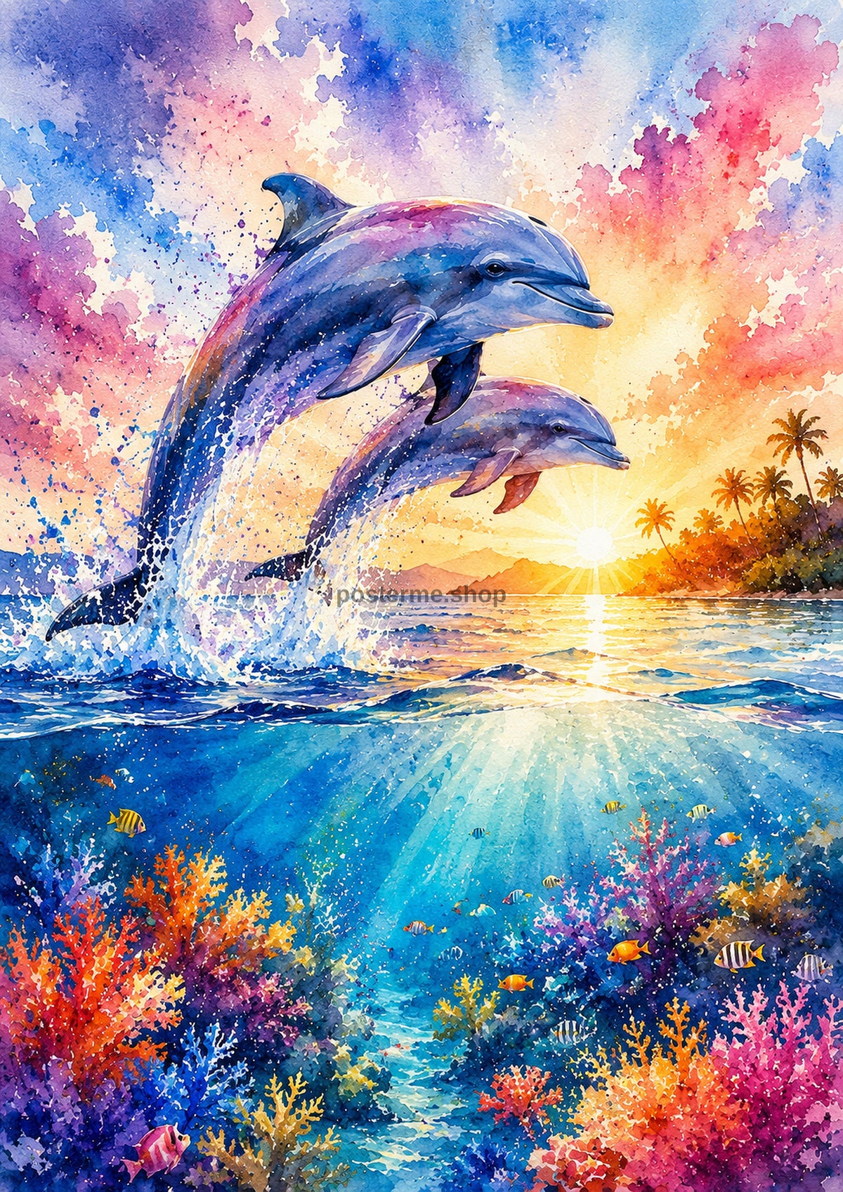 Tropical Dolphins At Sunrise Sunset watercolour art print by towelme