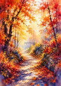 Autumn Woodland Path In Golden Light watercolour art print by towelme