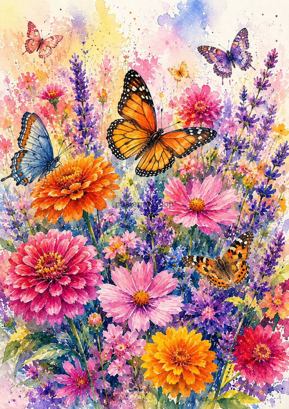 Vibrant Garden With Fluttering Butterflies watercolour art print by towelme