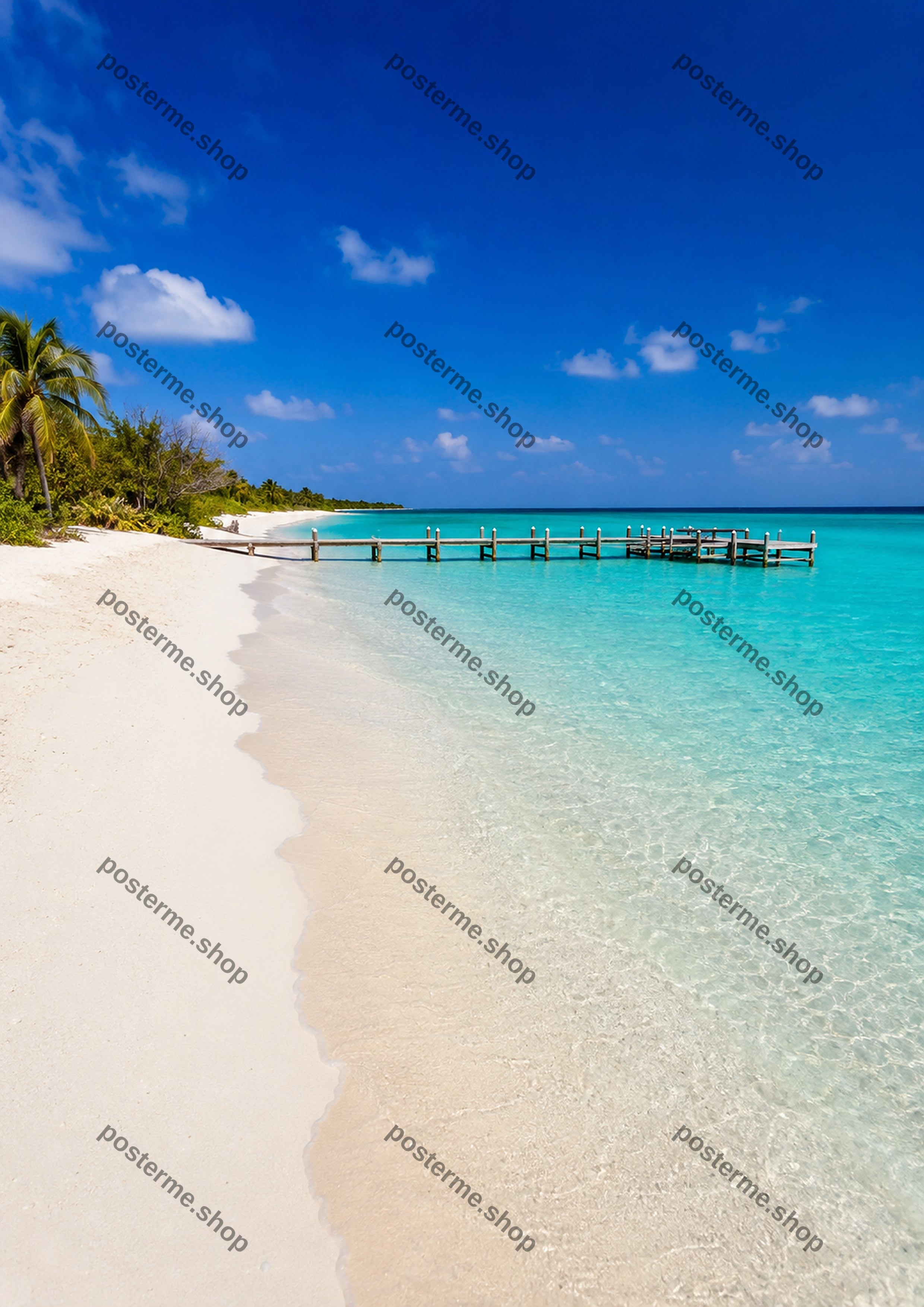 Tropical Beach With Pier And Palm Trees A4 coastal art print by towelme