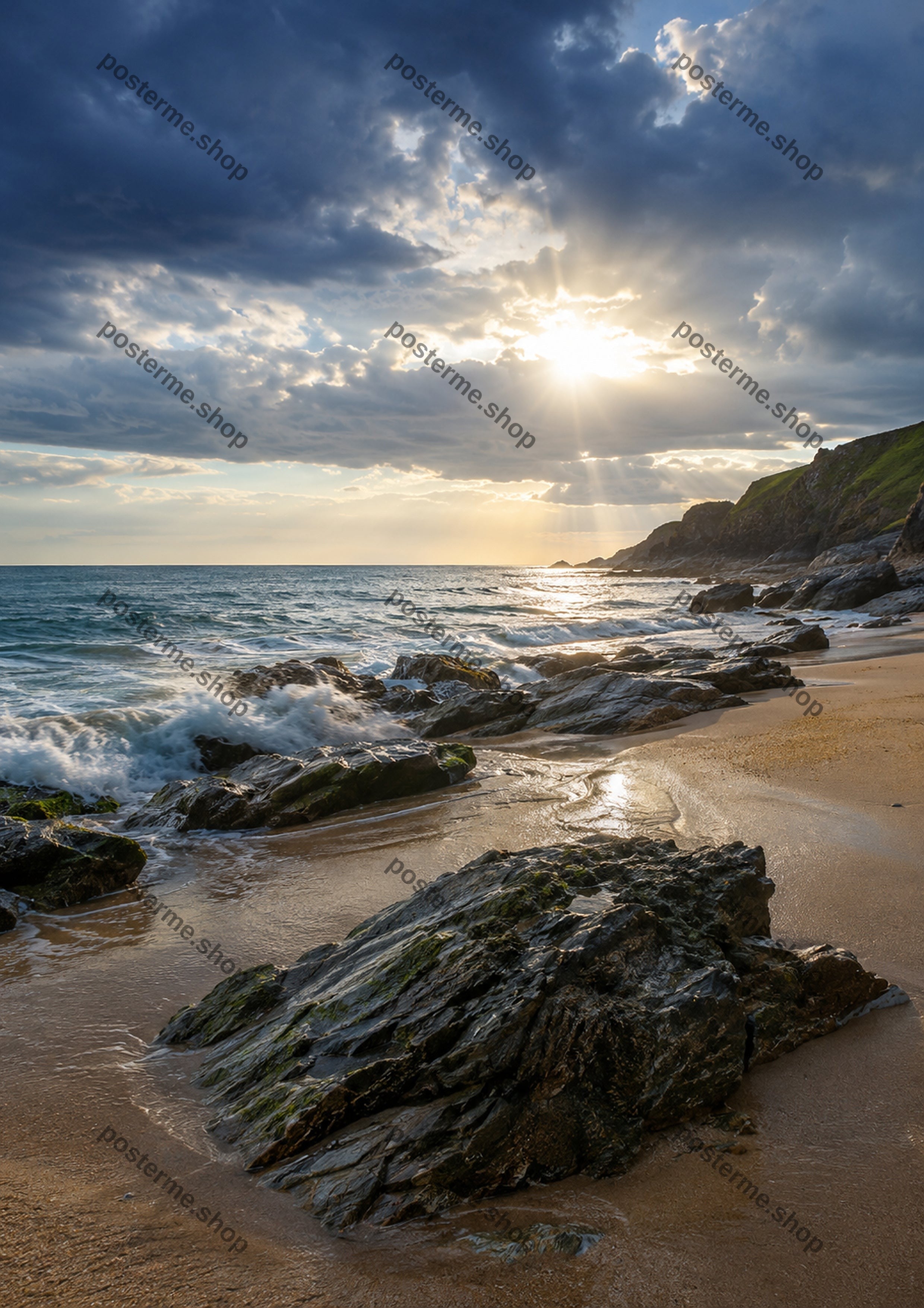 Stormy Coast With Golden Sunlight Beams A4 coastal art print by towelme