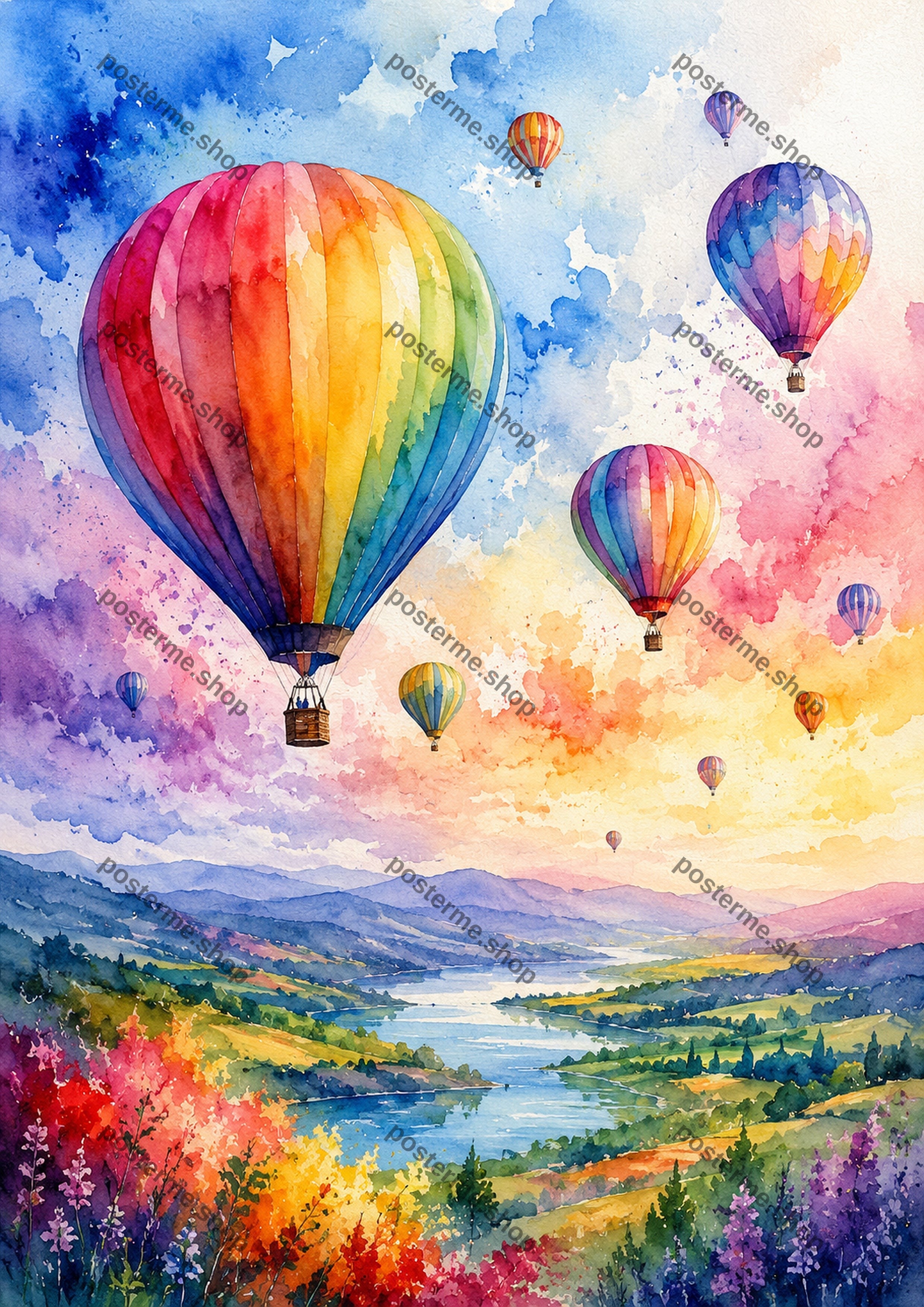 Hot Air Balloons Over A Dreamy Valley A4 watercolour art print by towelme