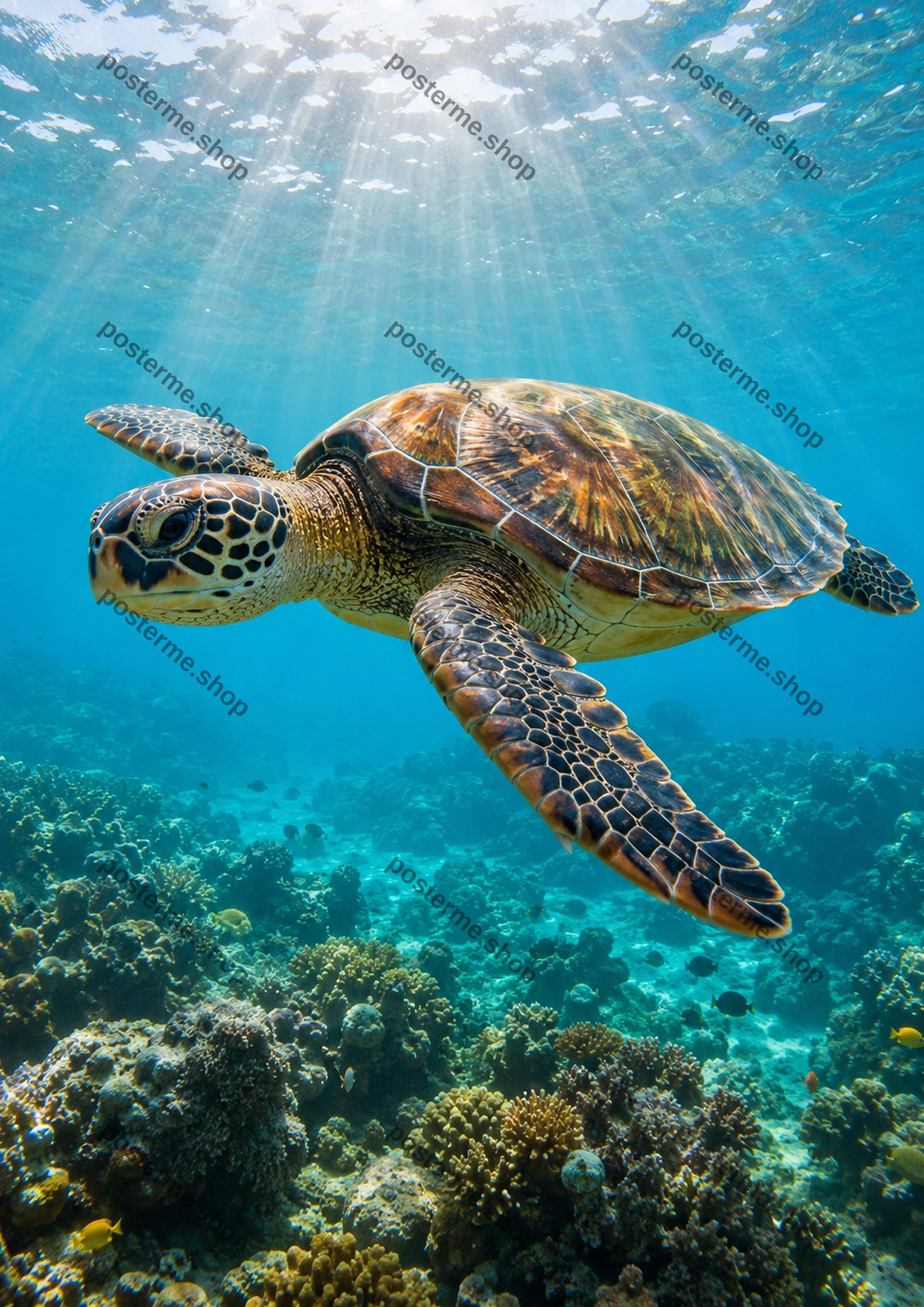 Serene Turtle Gliding Over Coral Reef A4 wildlife art print by towelme