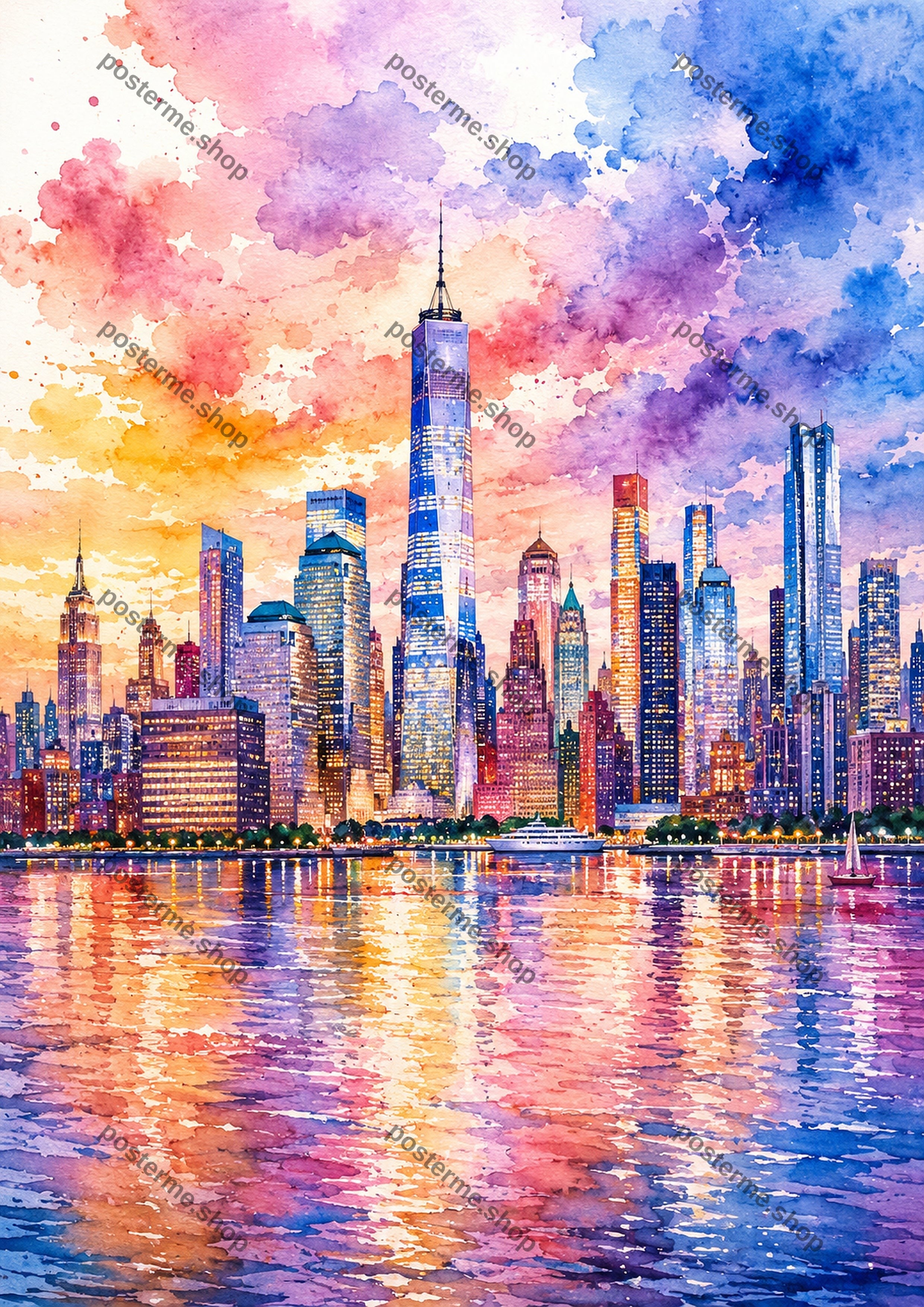 New York Skyline At Sunset Watercolour A4 watercolour art print by towelme