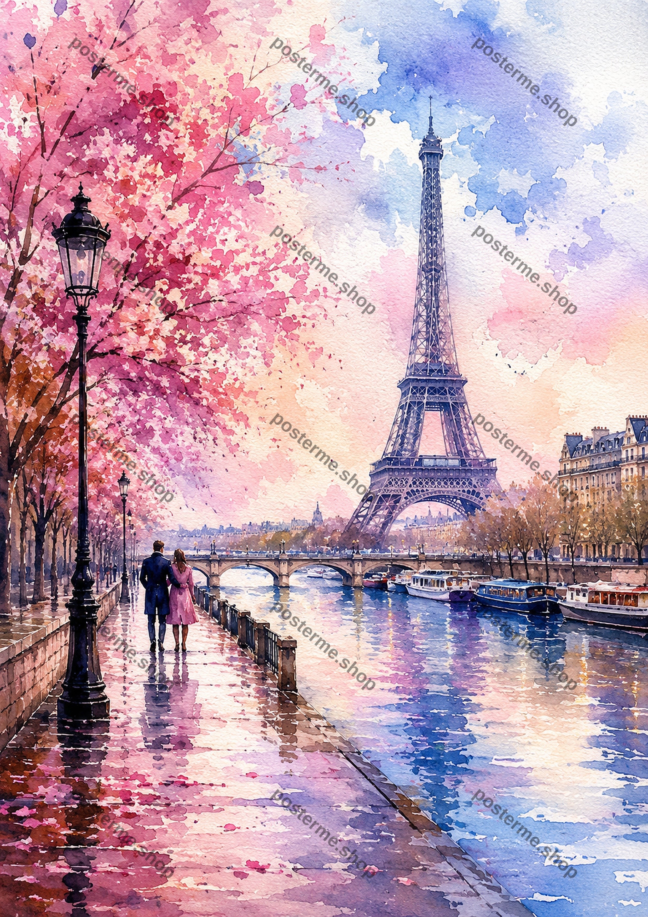 Romantic Parisian Riverside In Spring A4 watercolour art print by towelme