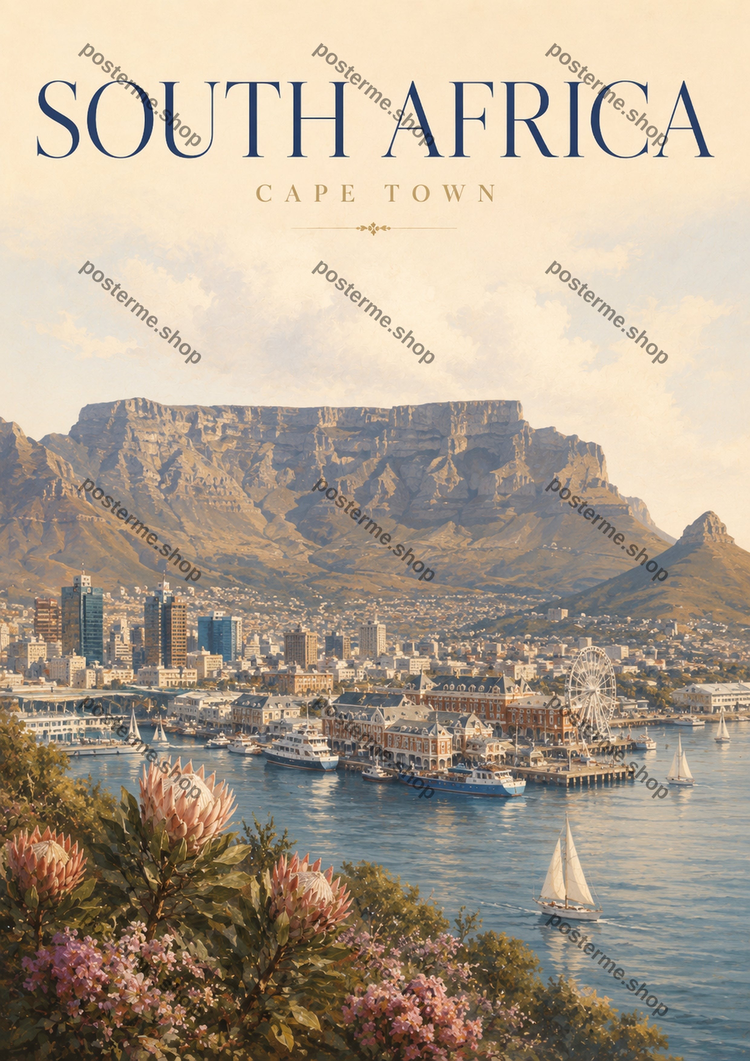 Cape Town beneath Table Mountain A4 world travel art print by towelme